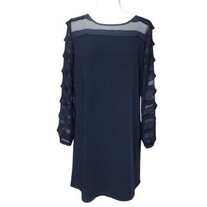 LOFT womens 6 navy blue dress sheer long sleeve ruffle shift wedding old money